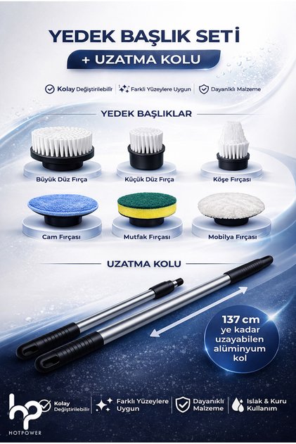 Elektrikli Temizlik Fırçası İçin 6'lı Yedek Başlık ve Uzatma Çubuğu