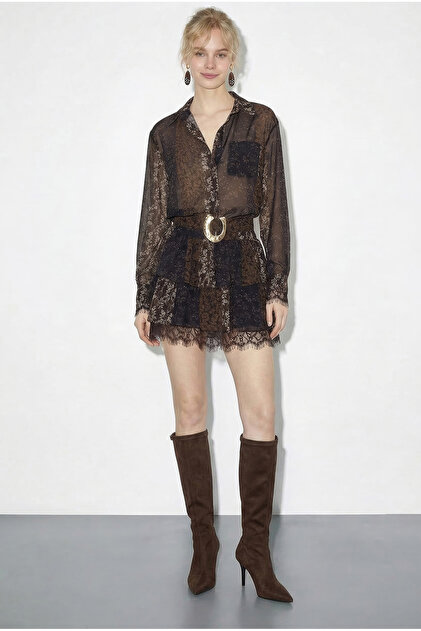Women's Bitter Brown Lace Detailed Patterned Belted Flounced Tulle Dress 4613 60286057