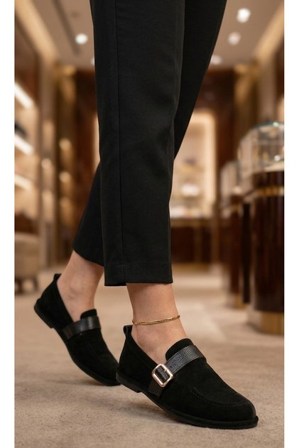 Buckle Moccasin Loafer Suede Casual Women's Shoes (Genuine Leather)
