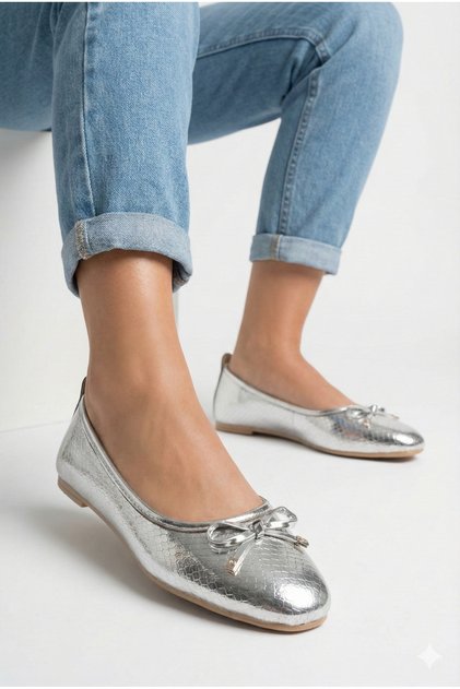Silver Metallic Snake Textured Orthopedic Lightweight Sole Leather Soft Bow Stylish Women's Ballerinas