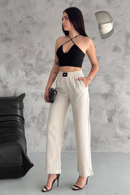 Women's Beige High-Waisted Wide-Leg Pants – Comfortable Fit Fabric Trousers