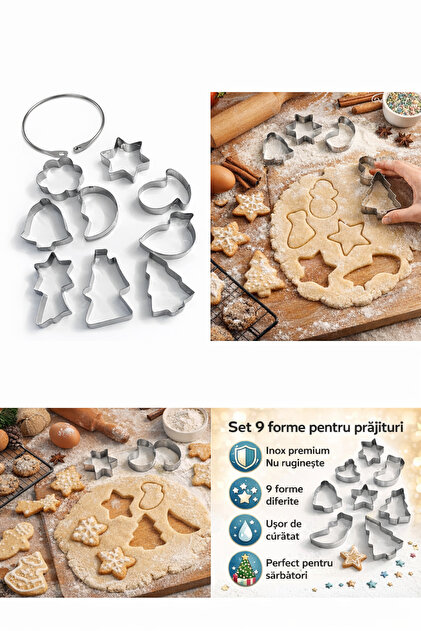 Set 9 forme decupaj aluat biscuiti, turta dulce, fursecuri, cookie Craciun, inox, reutilizbile