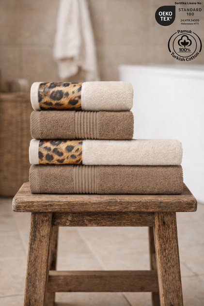 4 Piece Leopard and Striped Border Bath Towel Set 100% Cotton Certified Cream Leopard Beige Striped