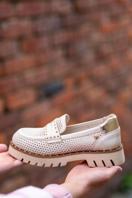 ERN-039250 EREN SHOES&BAG Hakiki Deri Pim Detaylı Eva Taban Loafer Kadın Ayakkabı Gerçek Deri Krem Ekru