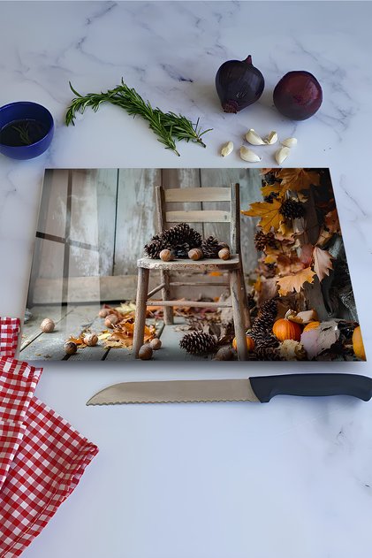 Conifer and Wooden Chair Themed Tempered Glass Cutting Board 30X40 cm Size Uv Printing - Bckt075