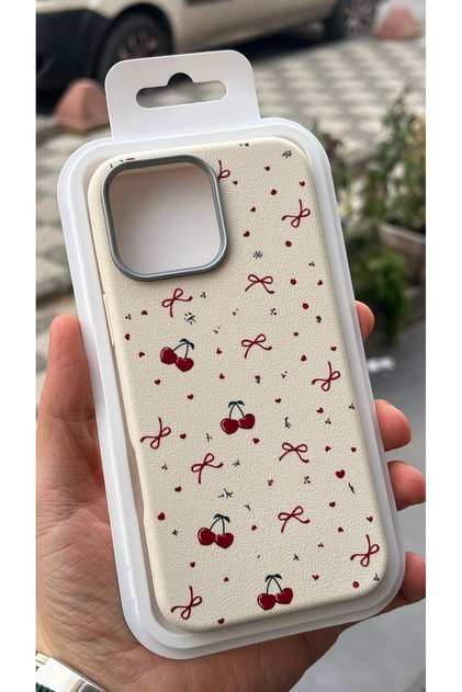 Compatible with iPhone 13 and 14 - Cream Serrated Silicone Cover Red Cherry Printed Phone Case
