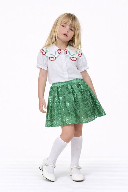 Girl's Inner Lined Glittery Sequined Skirt Embroidered Doll Collar Shirt Set