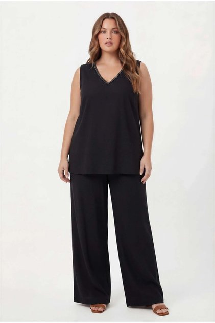 Collar Bead Detailed Women's Plus Size Blouse Trouser Set Black