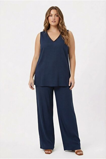 Women's Plus Size Blouse Pants Set with Collar Bead Detail Navy Blue