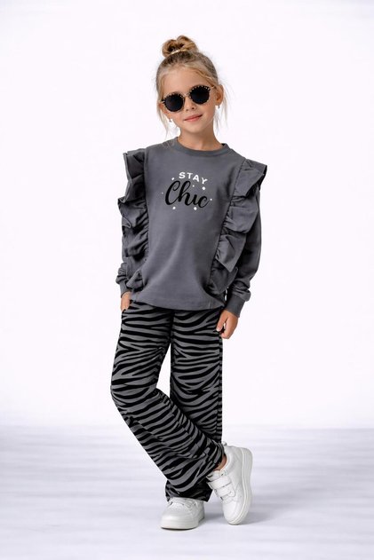 Girl's "Stay Chic" Ruffle Sweatshirt and Zebra Pattern Pants Set 50041g