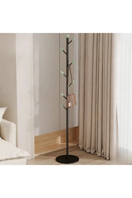 Cuier metalic în formă de copac, cu 7 cârlige, dimensiuni 170 x 29 cm, negru