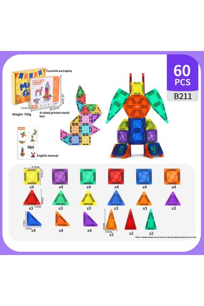 Magnetic Tiles Building Blocks - 60PCS Strong Magnet 3.75CM Window Panes Set in Tin Box Ages 3+