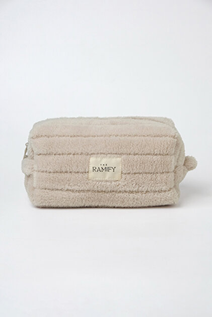 Striped Plush Fur Large Size Quilted Makeup Bag Beige