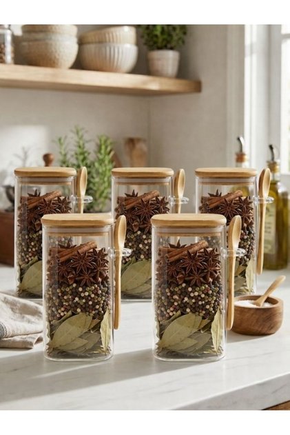 6-Piece Glass Spice Jar Set with Bamboo Lids and Spoons 960 ml