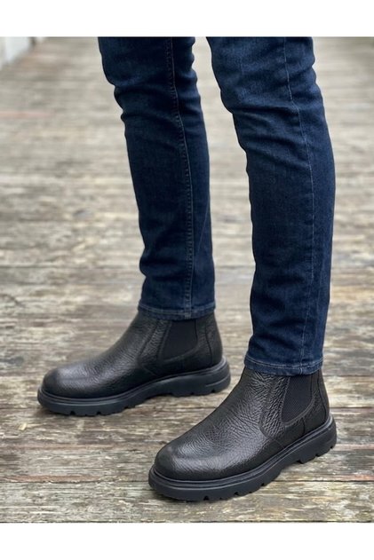 Men's Black Genuine Leather Thick Comfort Platform Sole Lightweight Casual Chelsea Classic Winter Boots
