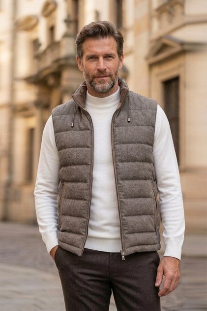 Slim Fit Notched Collar Herringbone Mink Cotton Puffer Vest