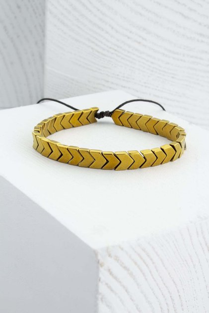 Hematite Natural Stone Shiny Gold Sergeant Cut 6X3Mm Macrame Bracelet