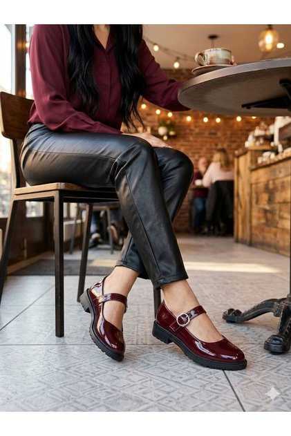 Burgundy Patent Leather Buckle-Strapped Stylish and Very Comfortable Sole Women's Loafer Ballerinas (Heel Height 2.5cm)