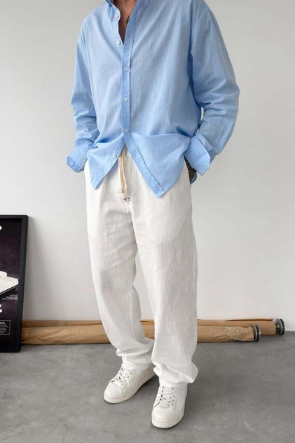 White Embroidered Baggy Linen Trousers