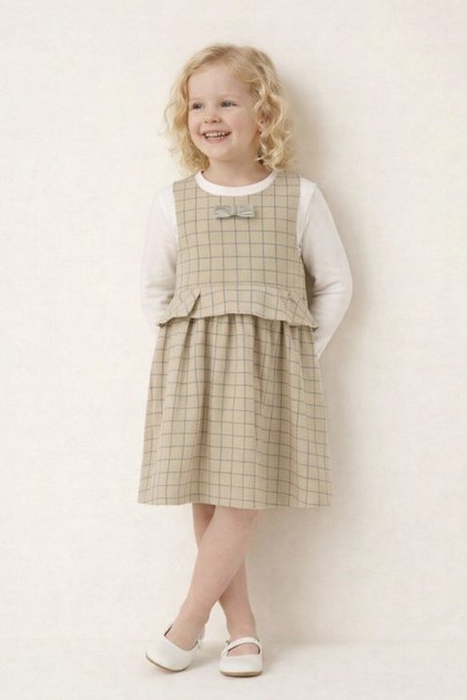3-8 Years Old Girls' Plaid Patterned Long Sleeve Dress-4 Y