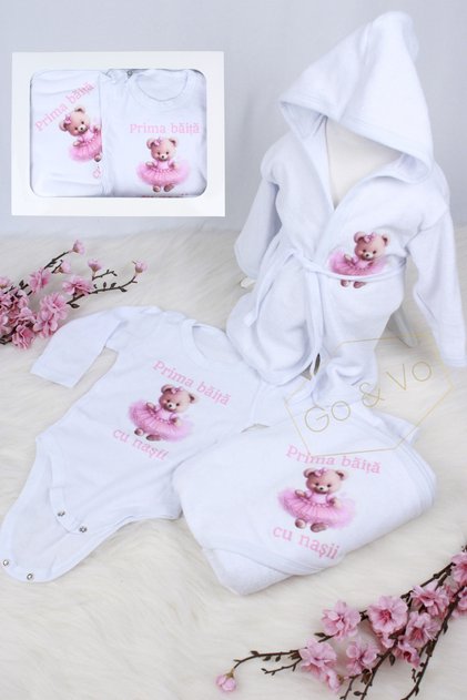 Set prima baita cu nasii,3-6 luni, Ursulet – Set 4 piese pentru bebeluși, Halat, Body, Prosop