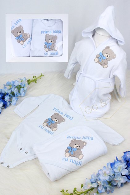 Set prima baita cu nasii, 3-6 luni,Ursulet – Set 4 piese pentru bebeluși, Halat, Body, Prosop