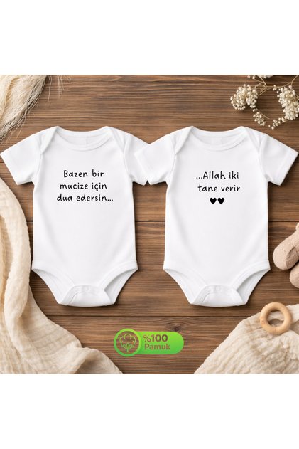 İkiz Bebek Zıbını Body 2 Adet Zıbın 'Bazen Bir Mucize İçin Dua Edersin'