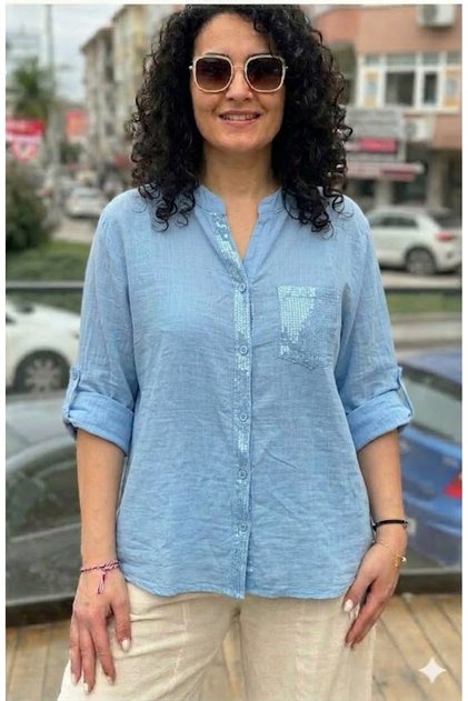 Women's Italian Baby Blue Collared Shirt with Sequin Detail, Foldable 3/4 Sleeves, 100% Cotton Linen Shirt Blouse
