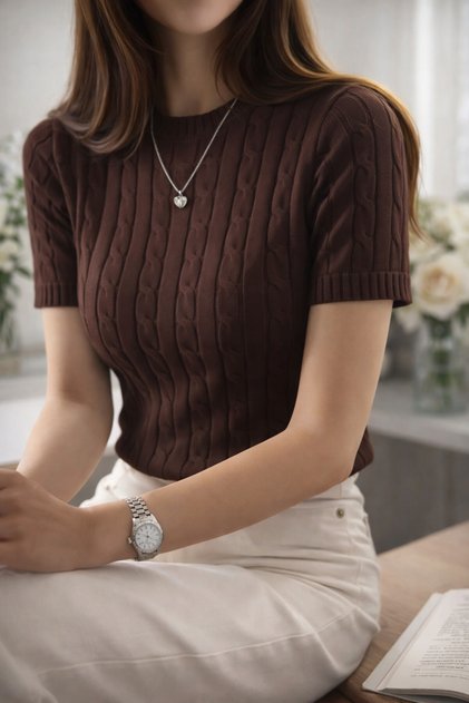 Kadın Fitilli Triko T-Shirt Kısa Kollu Slim Fit Yumuşak Dokulu