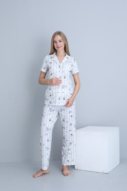 Shirt Collar, Front Buttoned, Short Sleeve, Printed Maternity and Postpartum Pajama Set