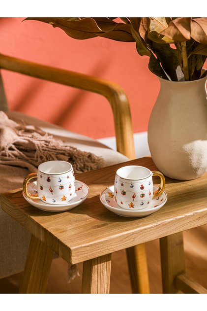 Renkli̇mağazadan White Printed 2-Person Coffee Cup Set