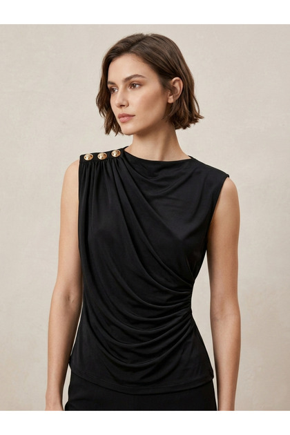 Women's Black Boat Neck Buttoned Sleeveless Sandy Fabric Blouse with Drawstring Detail