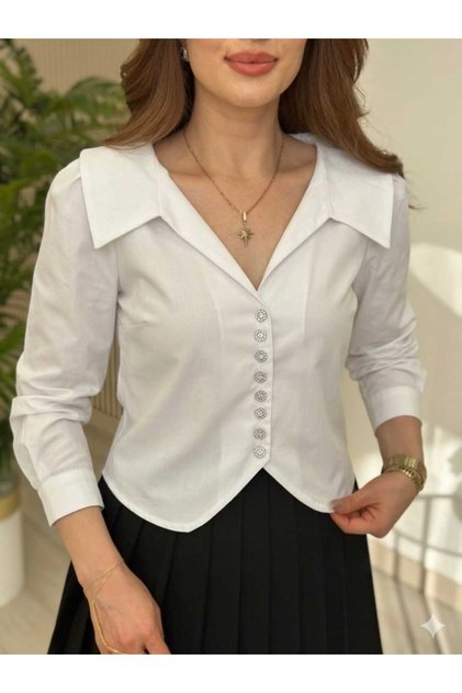 Cămașă albă elegantă cu nasturi împodobiți cu pietre
