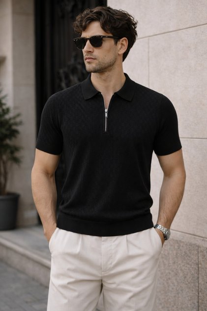 Men's Zippered Polo Collar Knitwear T-Shirt Slim Fit Textured Summer Stylish Casual