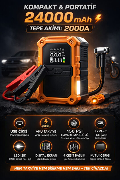 24000mAh Akü Takviye Kompresör 2000A Hava Pompası Powerbank LED Işık Type-C Şarj EH03