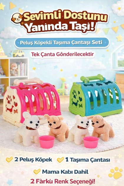 Peluş Köpekli Taşıma Çantası Oyuncak Seti – Tekli Set Gönderimi