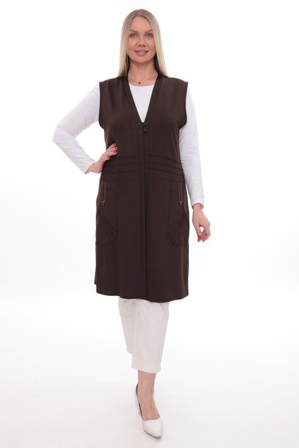 Women's Long Pocketed Vest with Buttons Seasonal Crystal Mother Viscose Hijab Tunic