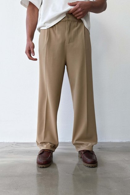 Pleated Baggy Fit Fabric Mink Trousers