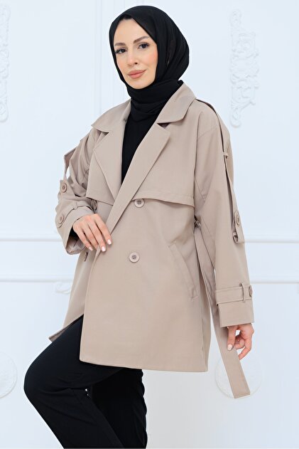 Short Buttoned Belted Trench Coat Cream