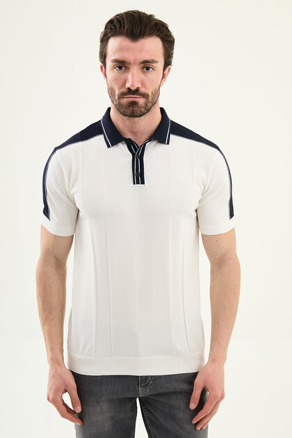 Patterned Slim Fit Polo Collar Zippered Men's Knitwear T-Shirt Ecru-Navy Blue - 11593.26Y