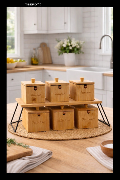 12 Piece Natural Bamboo Spice Set with Spoons, Salt Shaker, Pepper Shaker, Sugar Bowl Set, Bamboo Rack, Gift