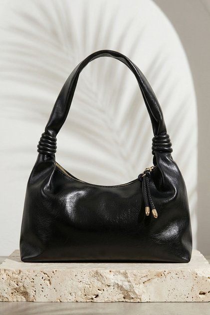 Drawstring Soft Textured Hand and Shoulder Bag Black