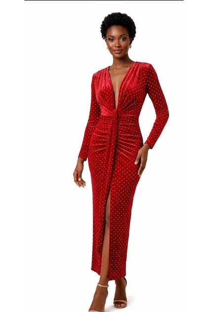Elegant Rhinestone Embellished Long Sleeve Draped Evening Dress