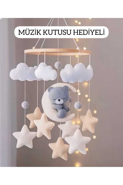 (MÜZİKLİ) DOĞAL El Yapımı Keçe Bebek Dönencesi Beşik Yanı Süsü Bebek Odası Dekorasyonu MODERN
