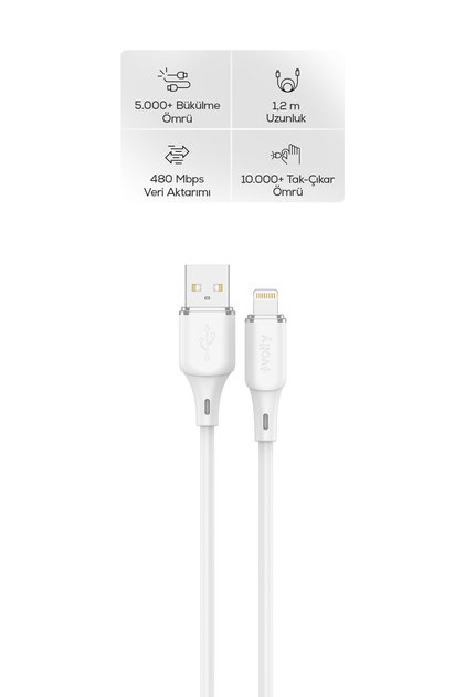 USB-A to Lightning Hızlı Şarj Kablosu | 12W 2.4A, 480Mbps, 1.2m, iPhone, iPad Uyumlu (Beyaz-V205002)