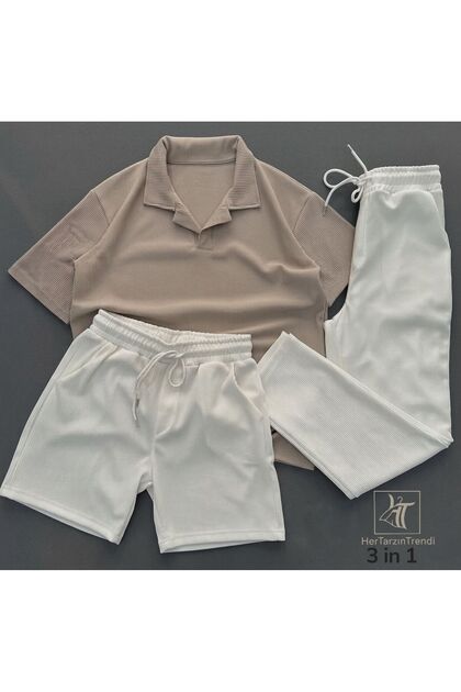 Ottoman Patched Polo Collar T-Shirt, Shorts and Baggy Sweatpants - 100% Cotton - Summer, Casual 3-Piece Set