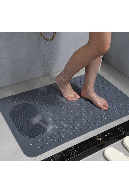 Antrasit Gri Kaymaz Banyo Paspası - 35x69 cm Vantuzlu Duş Matı, Tahliye Delikli Küvet İçi Paspas
