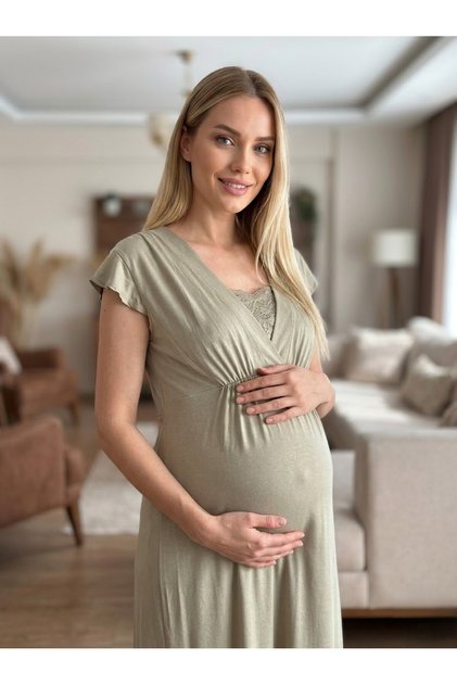 New Season Green Double-Breasted Collar Summer Lace Detailed Special Design Short Sleeve Maternity Nightgown