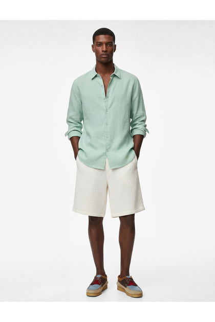 Regular Fit Button-Down Collar Long Sleeve Linen Shirt
