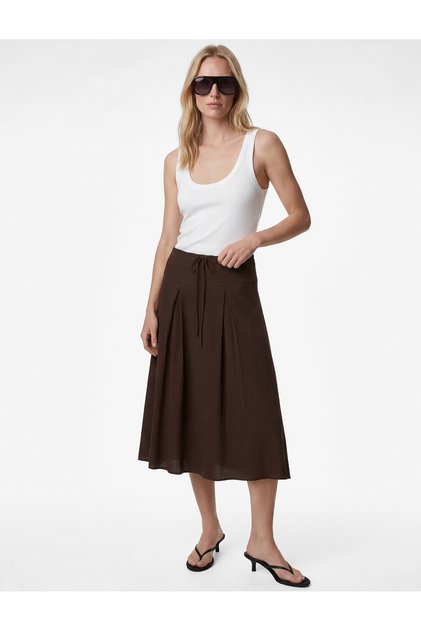 Viscose Fabric Bell-Cut Midi Skirt with Tie Waist and Textured Design